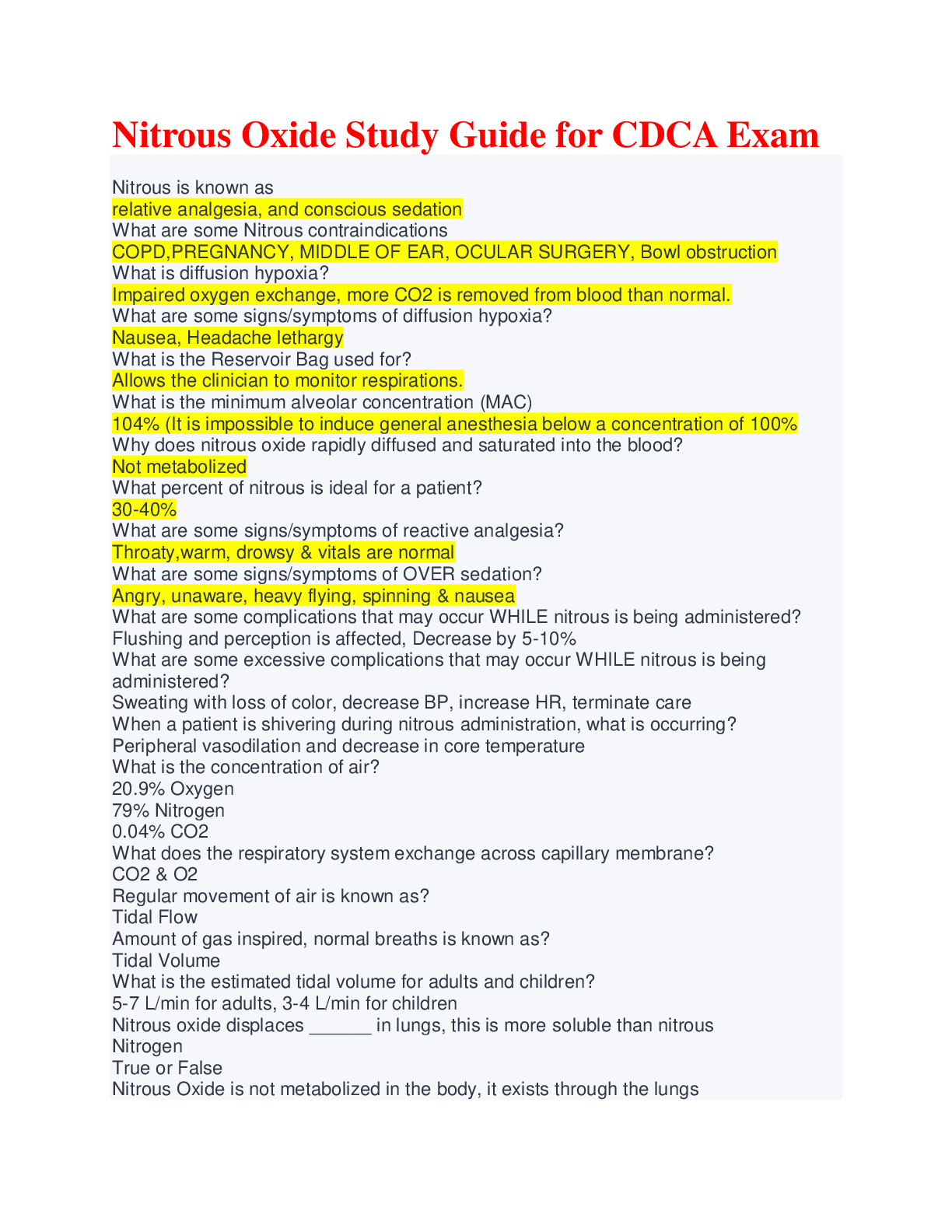 Preview image for Nitrous Oxide Study Guide for CDCA Exam Questions and Answers